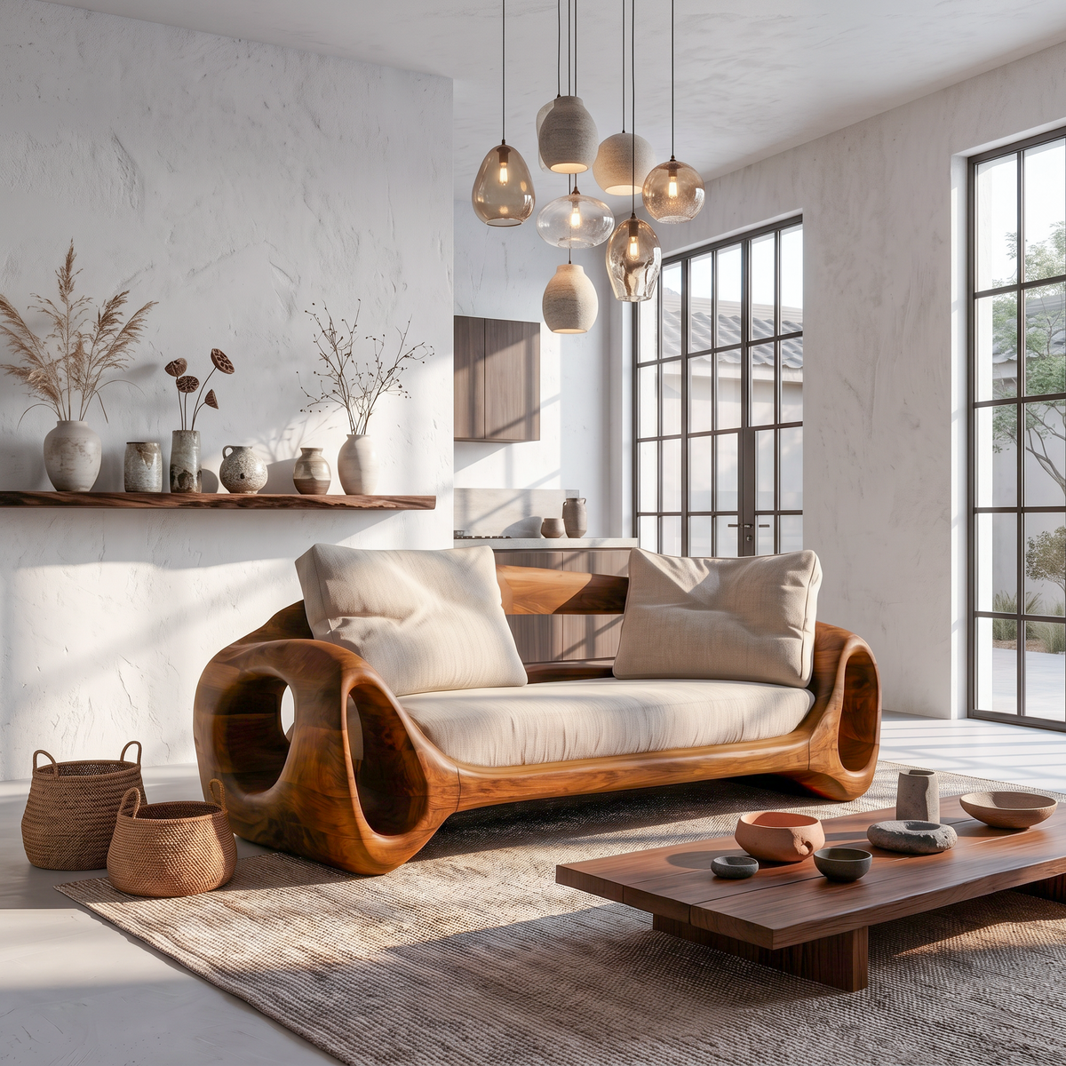 Organic Sofa Frame With Sculptural Circular Armrests For Living Room