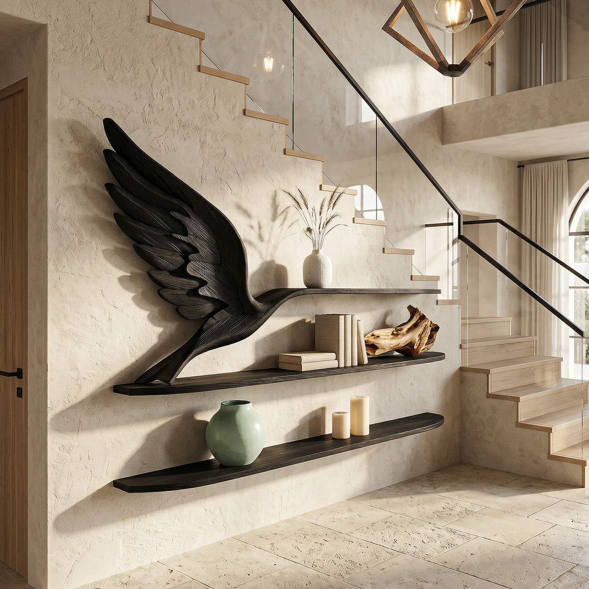 Handcrafted Eagle Wing Floating Shelf With Wooden Display Shelves For Living Room