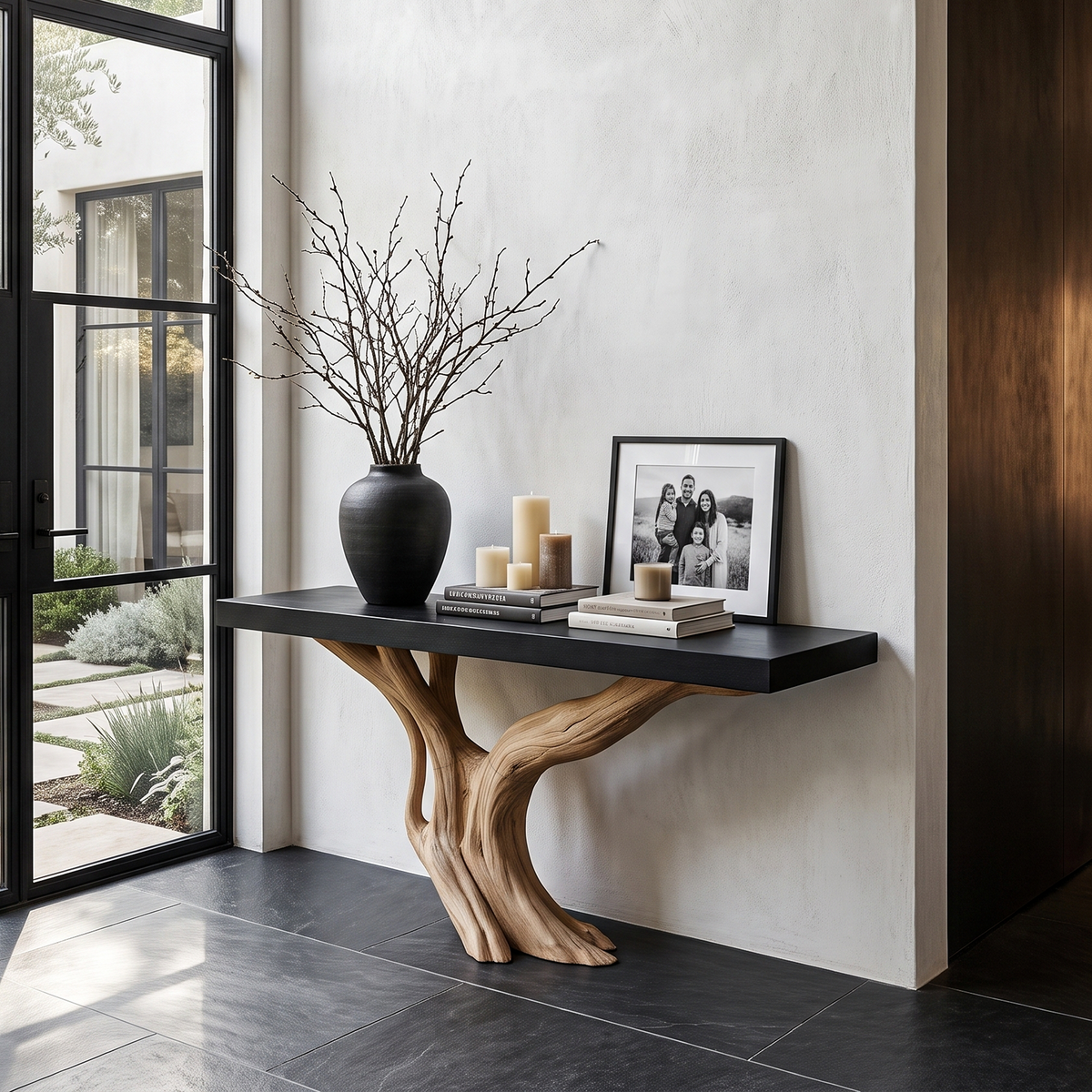 Organic Wall Mounted Console Table With Sculptural Wood Base For Hallway