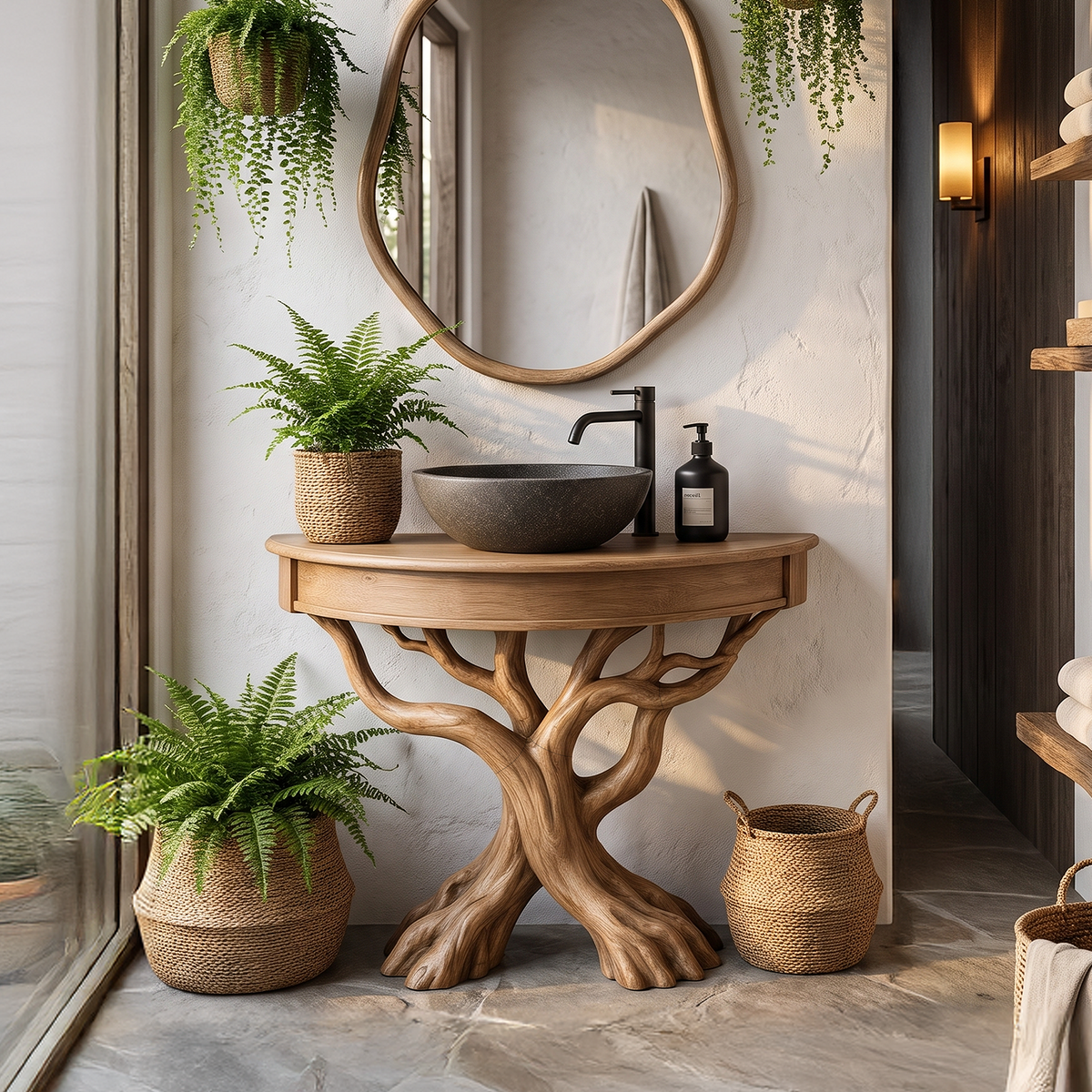 Tree Bathroom Vanity With Floating Countertop And Display Shelves For Bathroom