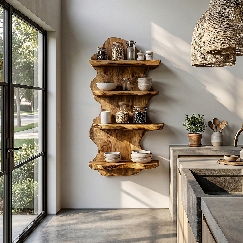 Sculptural Floating Shelf With Organic Wooden Form For Living Room And Kitchen