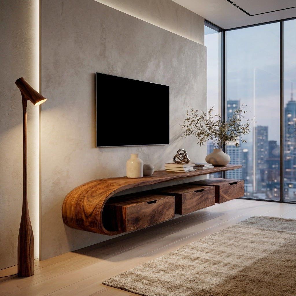Minimal Curved Floating TV Console With Drawers For Living