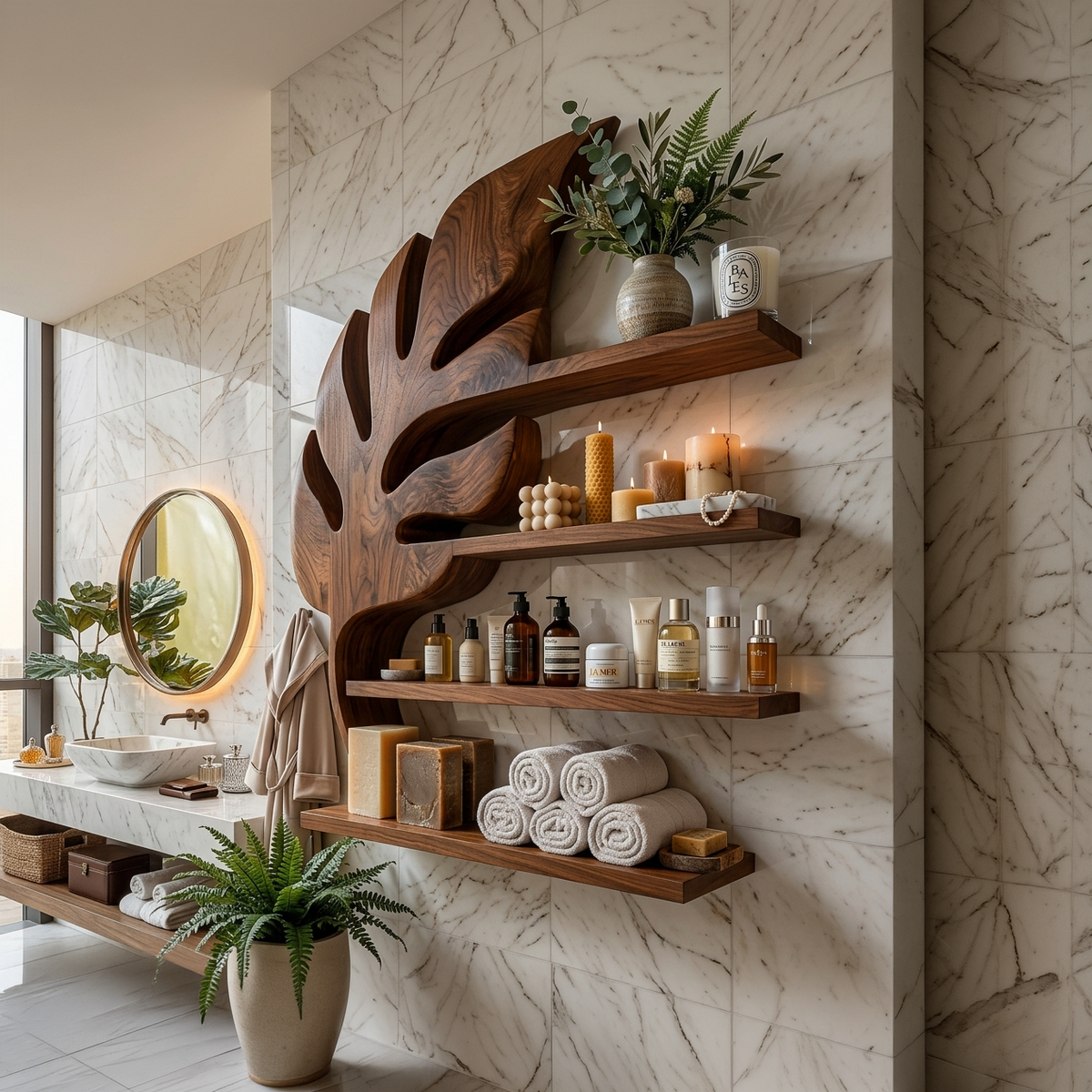 Modern Wooden Leaf Bathroom Shelf For Bathroom Interior