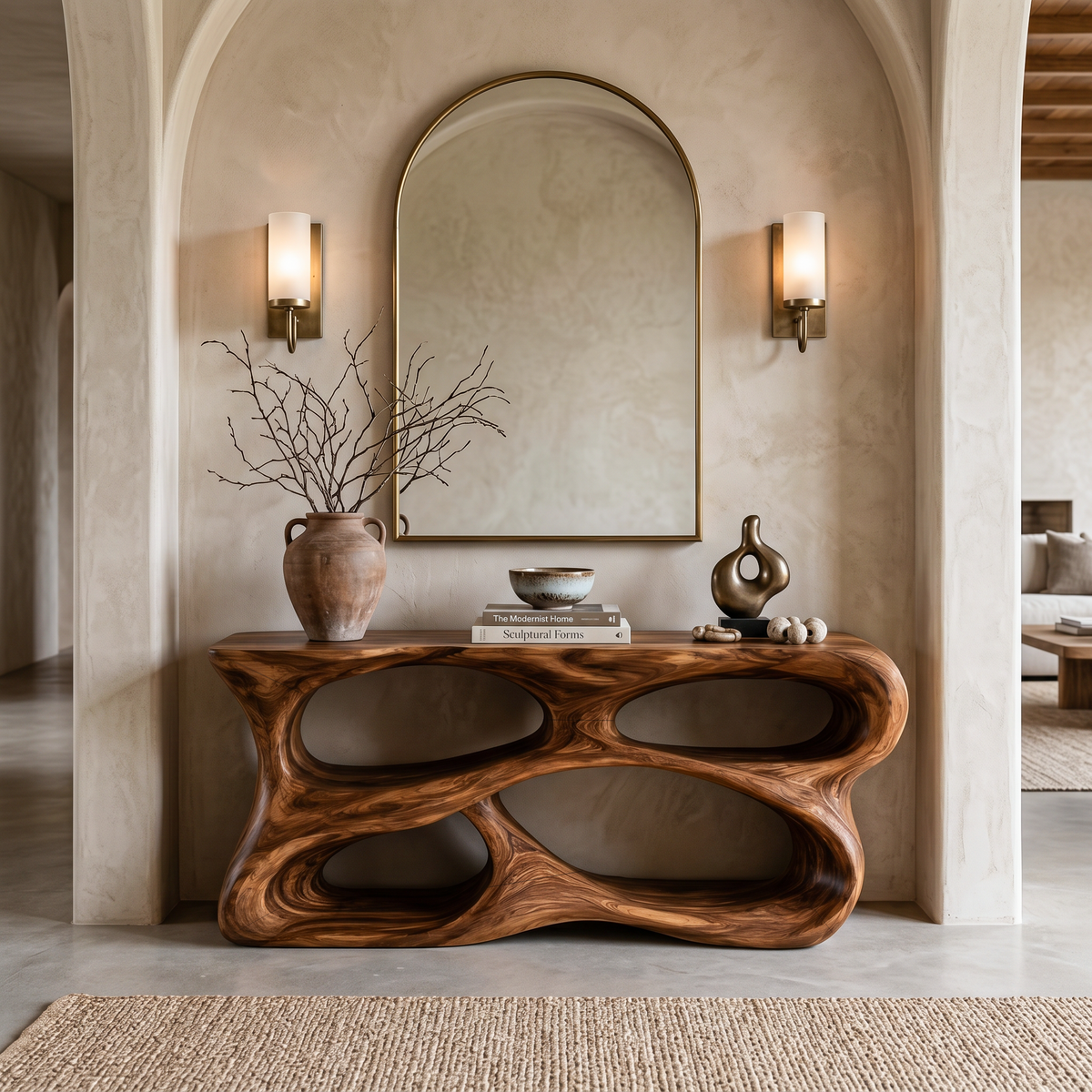 Handcrafted Console Table With Carved Storage Shelves For Contemporary Interior