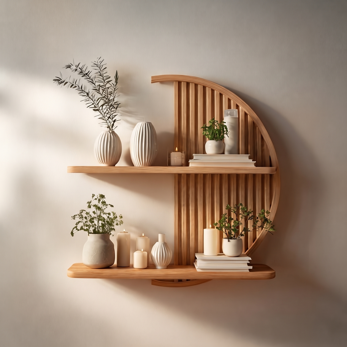 Minimalist Circle Round Floating Shelf Solid Wood For Living Room Wall Art