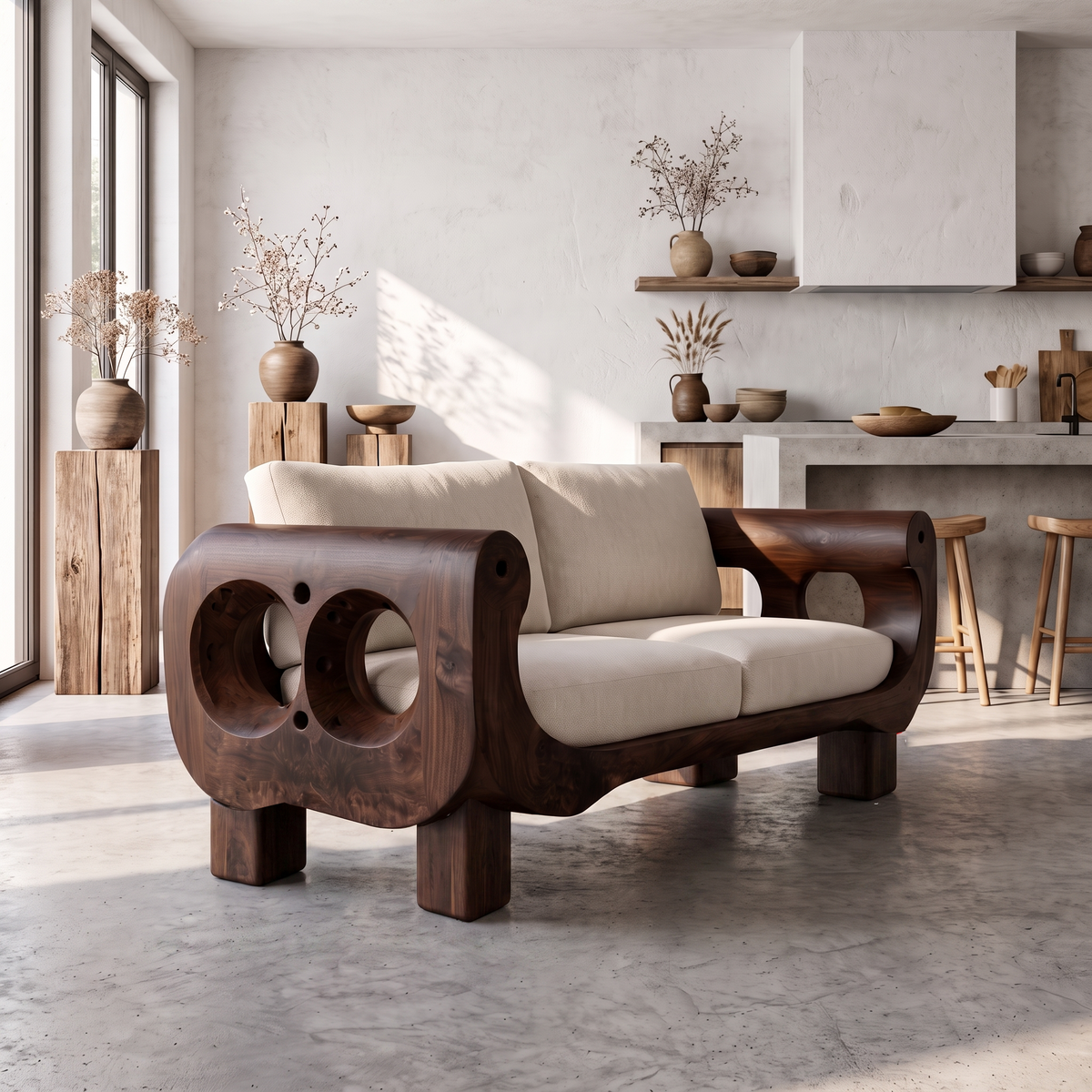 Rustic Sofa Frame With Handcrafted Sculptural Wood Design For Living Room