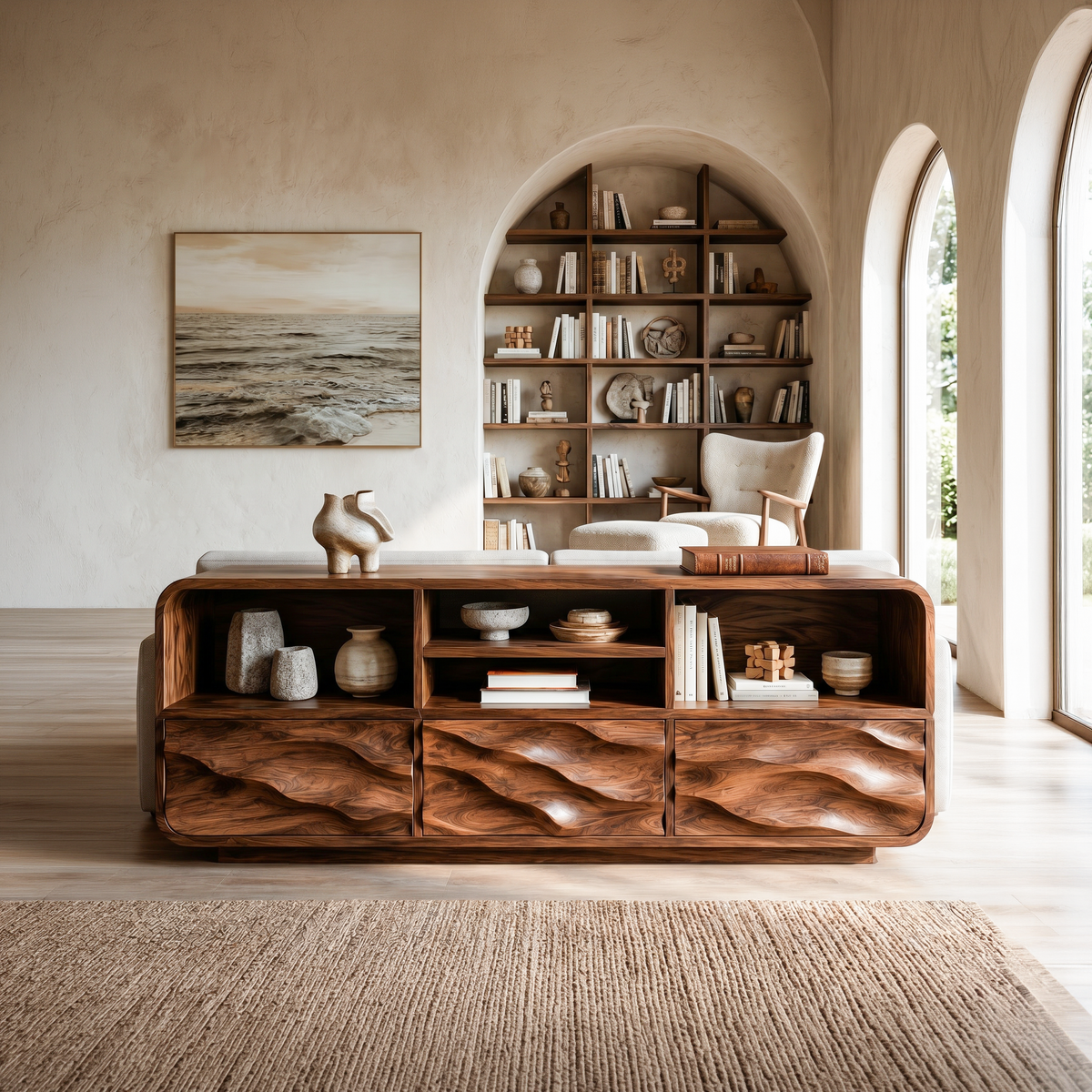 Organic Wooden Console Table With Curved Edges For Contemporary Home