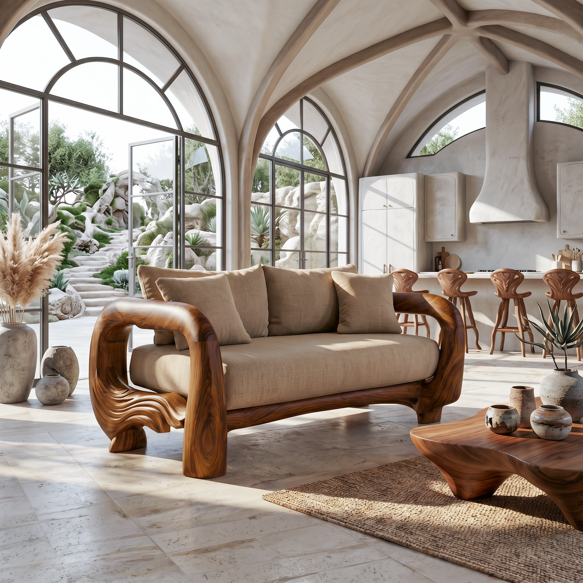 Contemporary Lounge Sofa Frame With Sculptural Wooden Base For Living Room