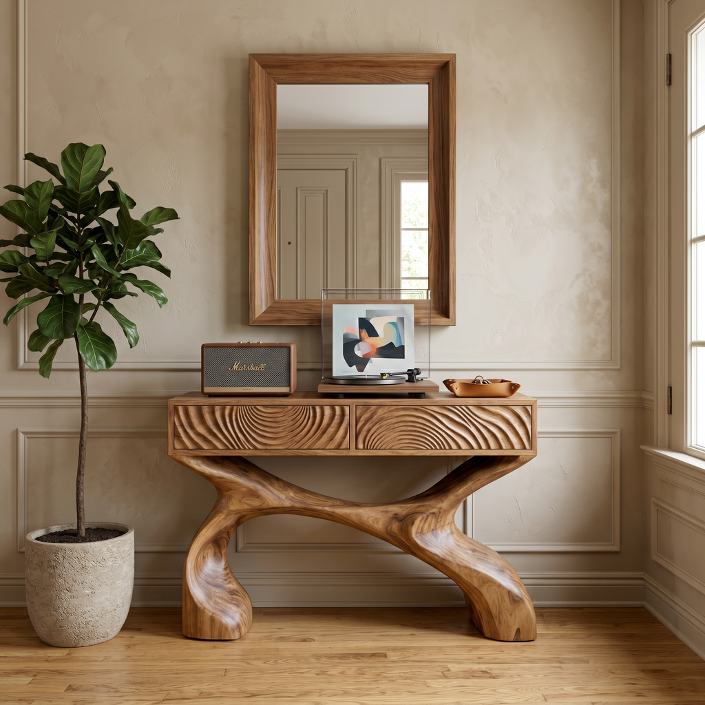 Contemporary Sculptural Wood Console Table For Hallway