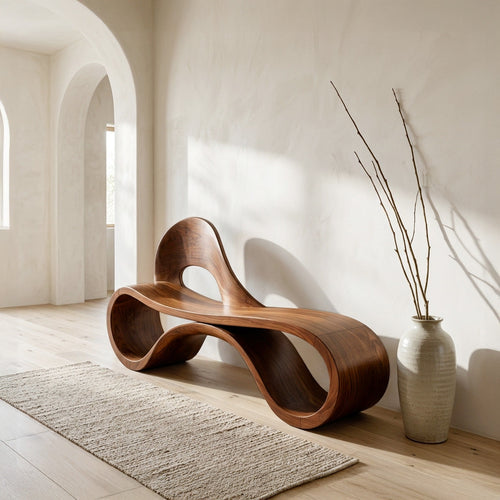 Artistic Wooden Bench With Flowing Sculpture For Luxury Interior