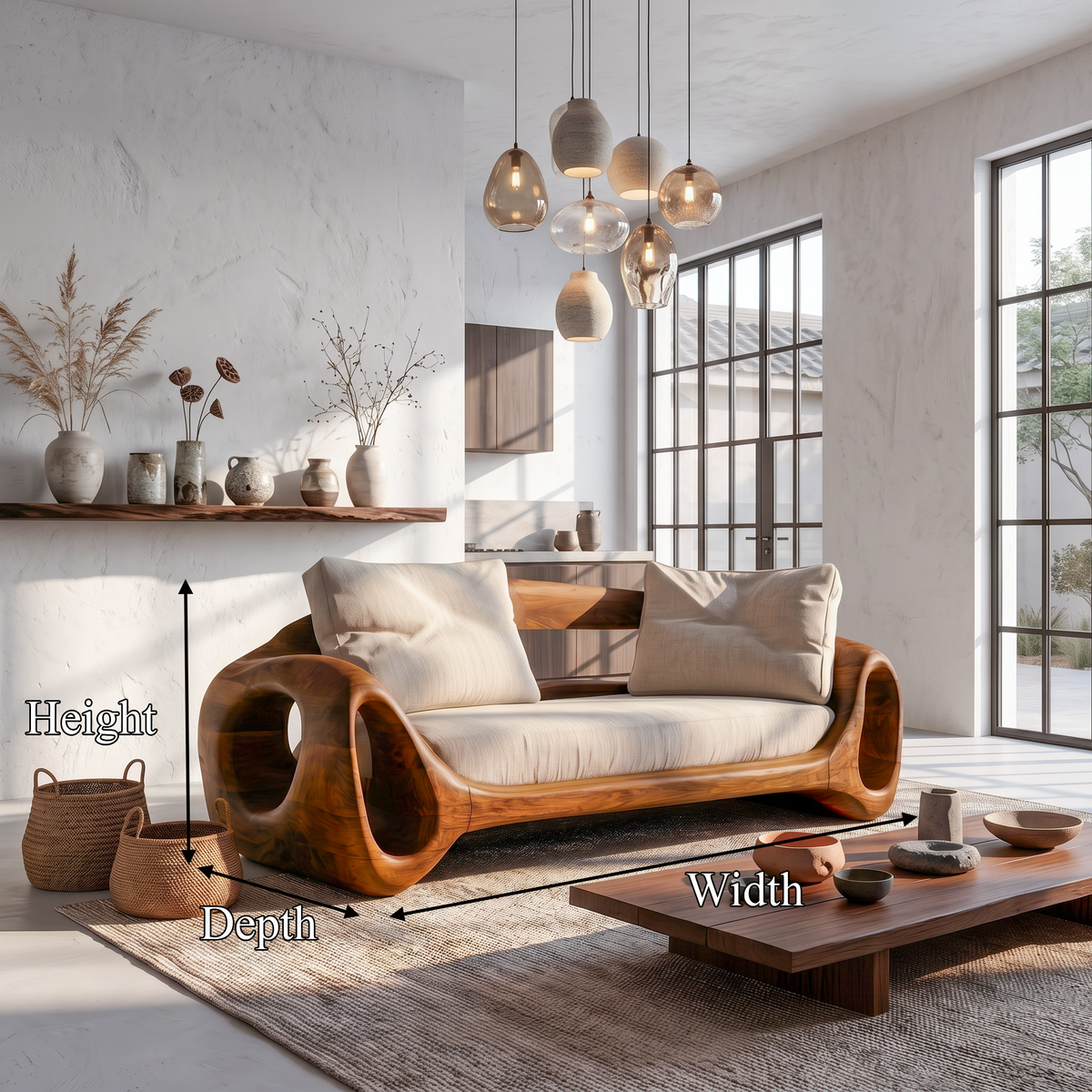 Organic Sofa Frame With Sculptural Circular Armrests For Living Room