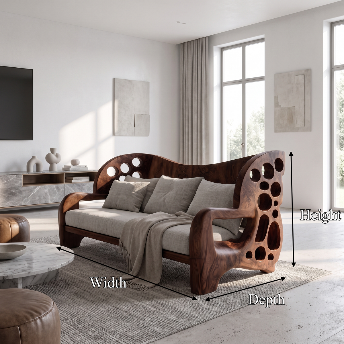 Organic Sofa Frame With Sculptural Openwork Armrests For Living Room