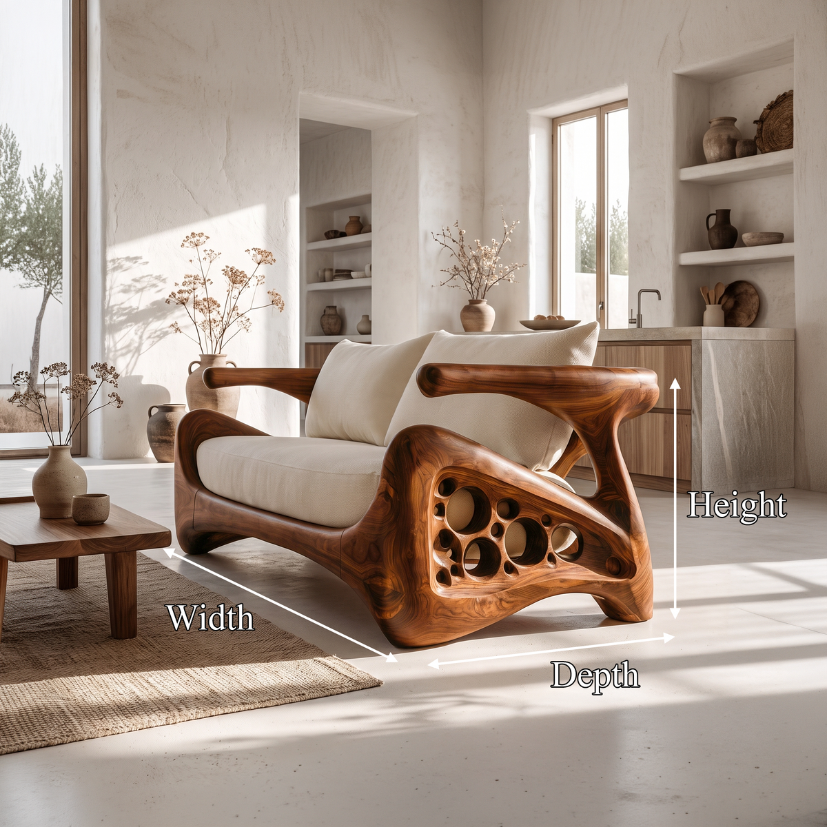Natural Sofa Frame With Bold Sculptural Armrests For Living Room