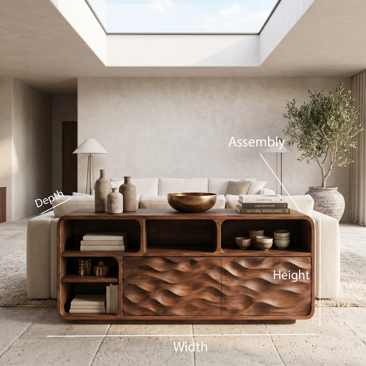 Handcrafted Wooden Console Table With Open Display Shelves For Entryway