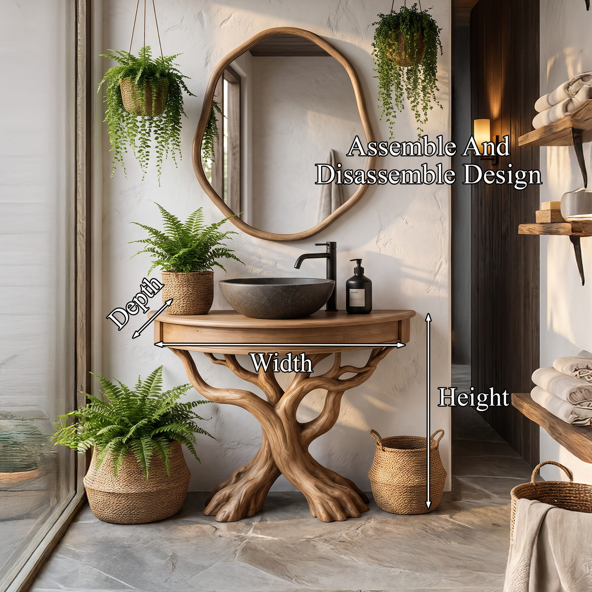 Tree Bathroom Vanity With Floating Countertop And Display Shelves For Bathroom