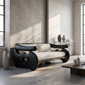 Organic Curved Sofa With Sculptural Wooden Base For Living Room