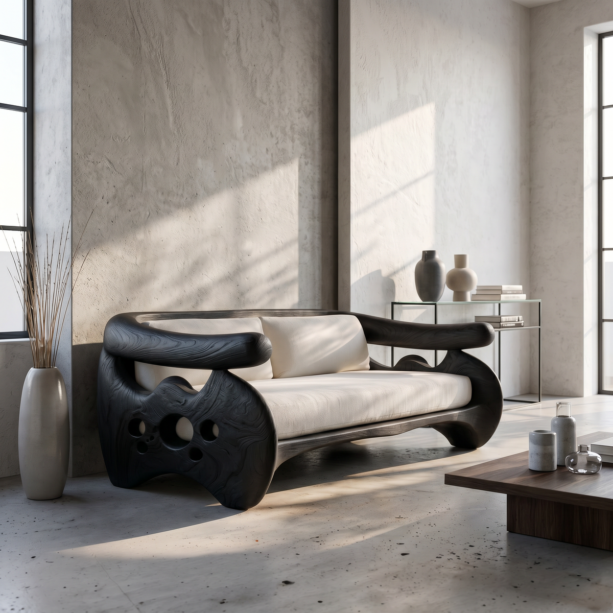 Organic Curved Sofa With Sculptural Wooden Base For Living Room