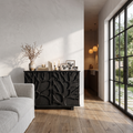 Nature Inspired Storage Cabinet With Hand Carved Wood Design For Entryway