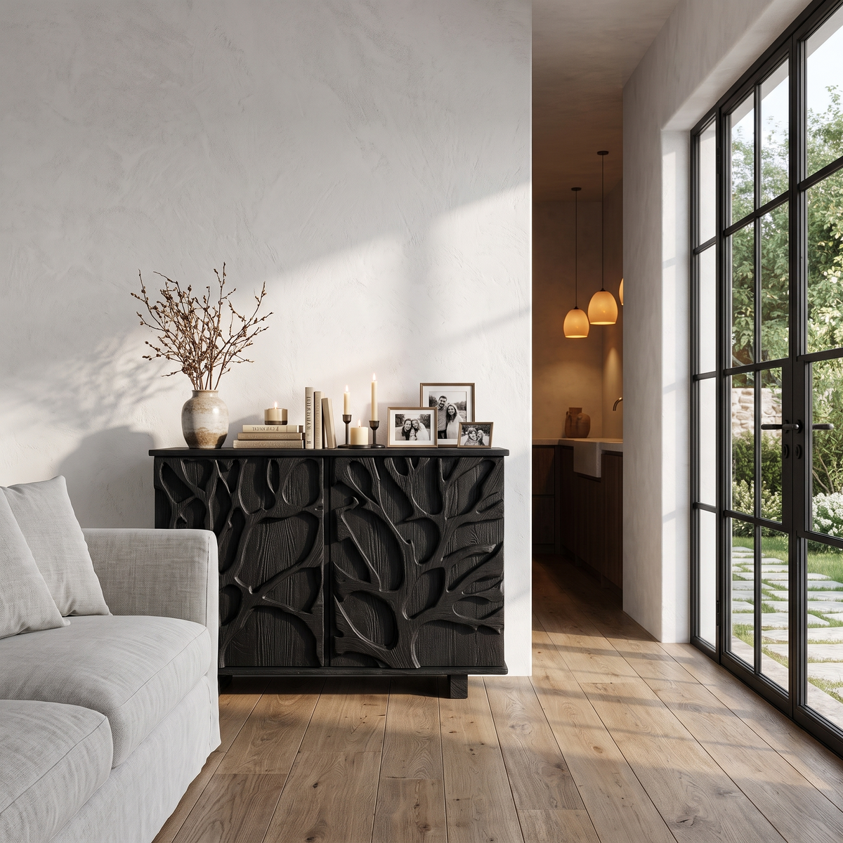 Nature Inspired Storage Cabinet With Hand Carved Wood Design For Entryway