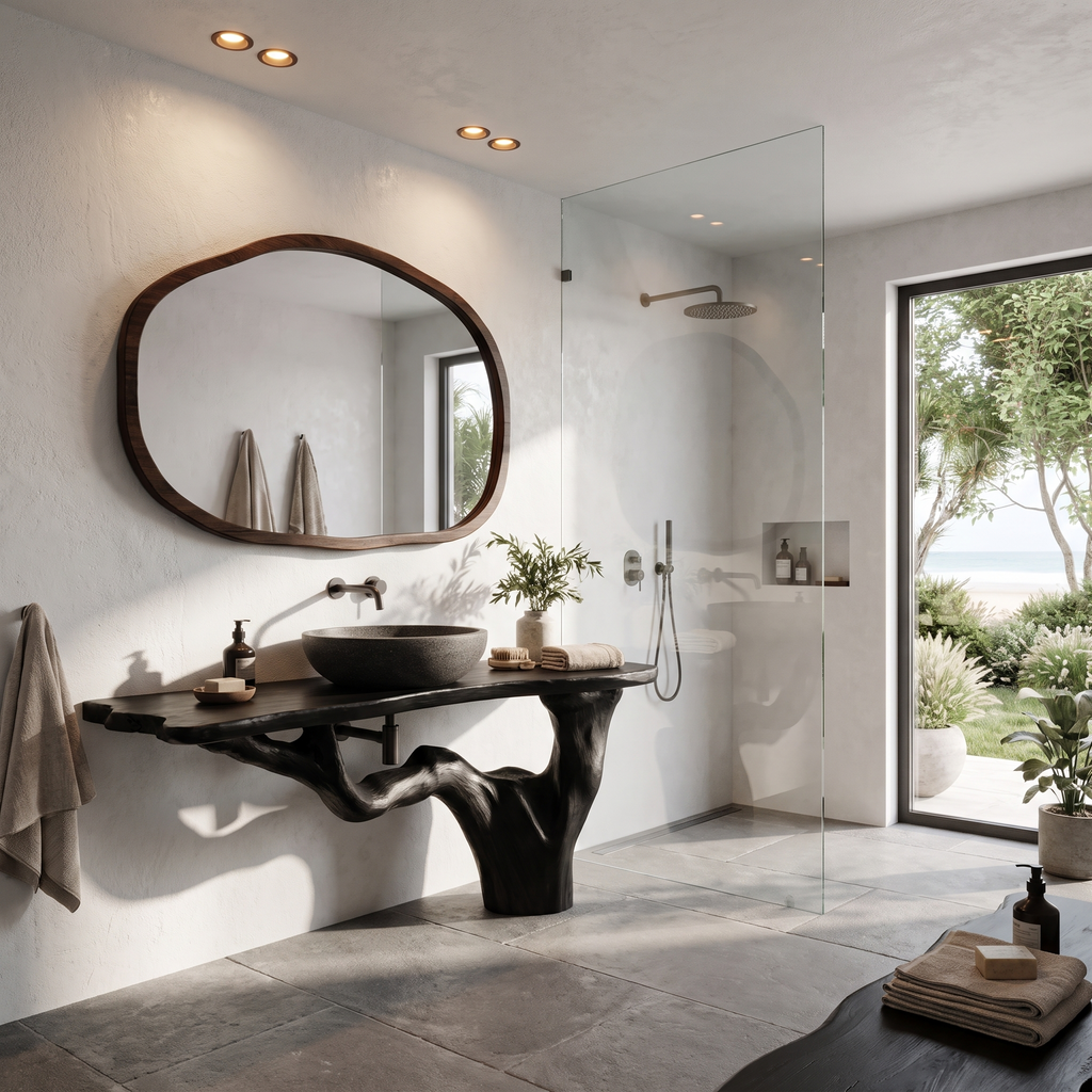 Handcrafted Bathroom Vanity With Tree Trunk Design For Powder Room