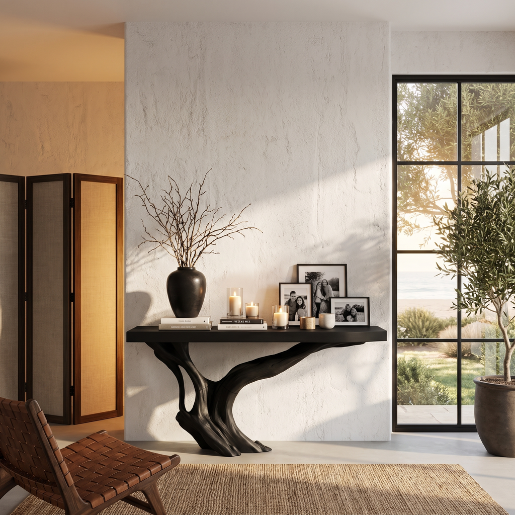 Organic Wall Mounted Console Table With Sculptural Wood Base For Hallway