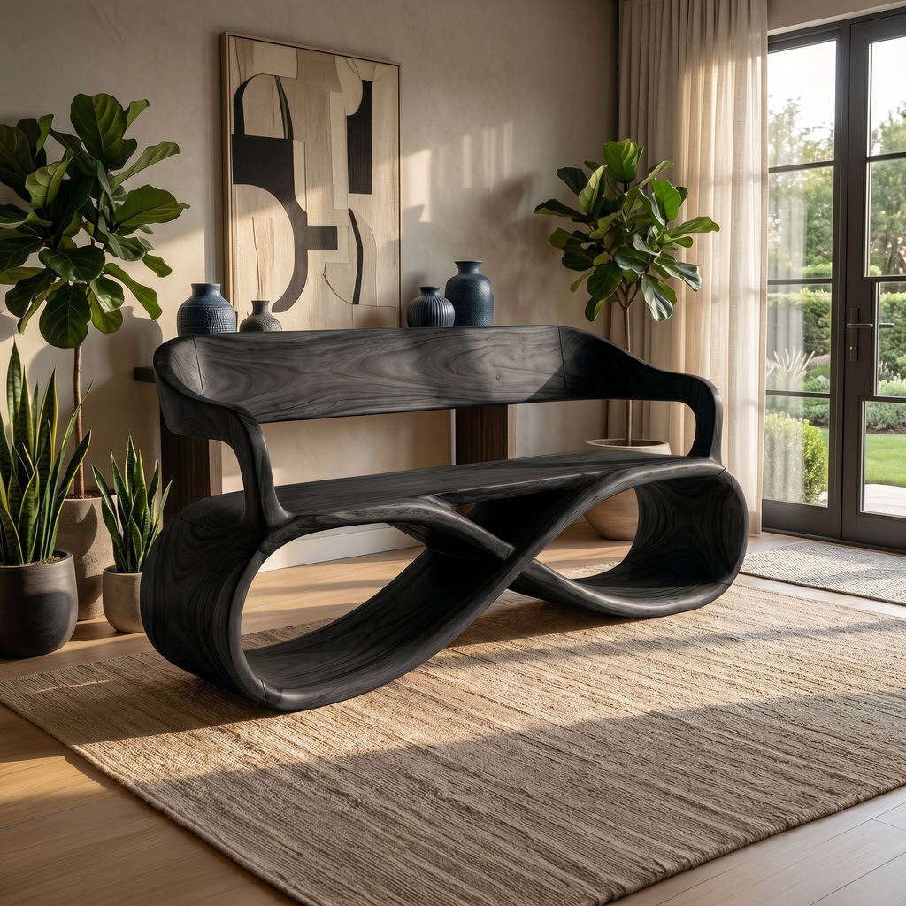 Sculptural Wooden Bench Modern Living Room
