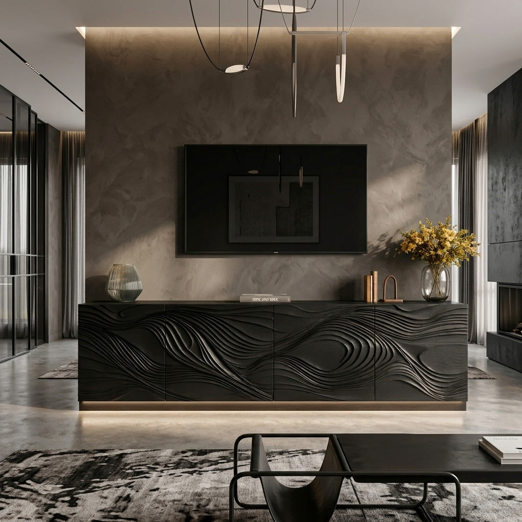 Artistic TV Console With Wave Pattern For Elegant Living Room