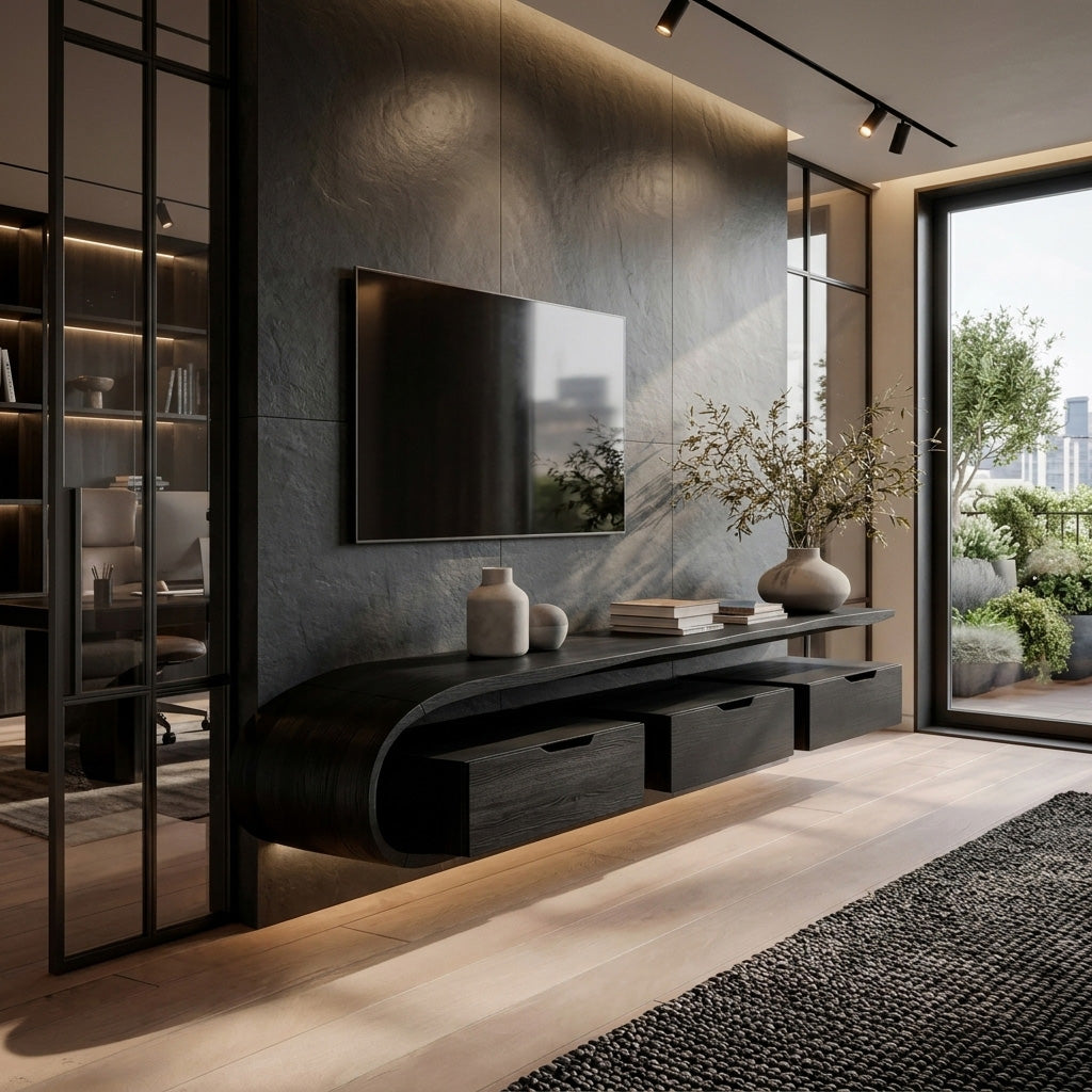 Minimal Curved Floating TV Console With Drawers For Living