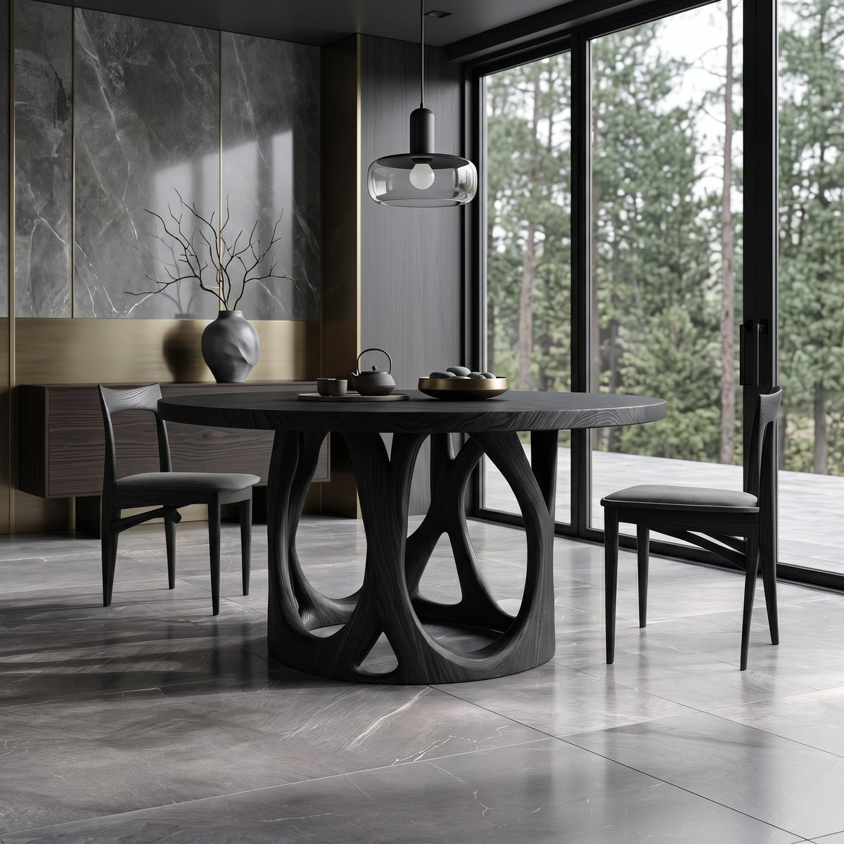 Modern Round Dining Table With Carved Sculptural Leg For Kitchen