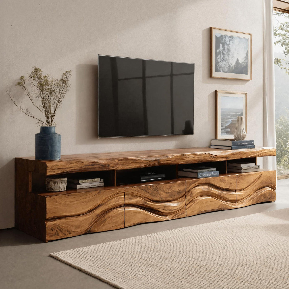 Modern Wave Carved Wood TV Stand For Living Room