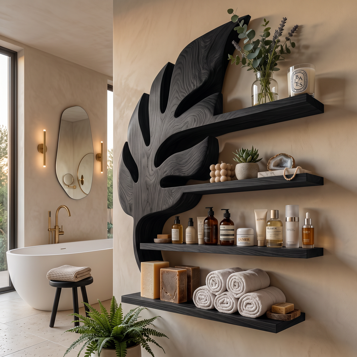 Modern Wooden Leaf Bathroom Shelf For Bathroom Interior
