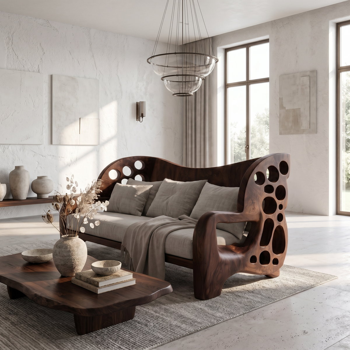 Organic Sofa Frame With Sculptural Openwork Armrests For Living Room