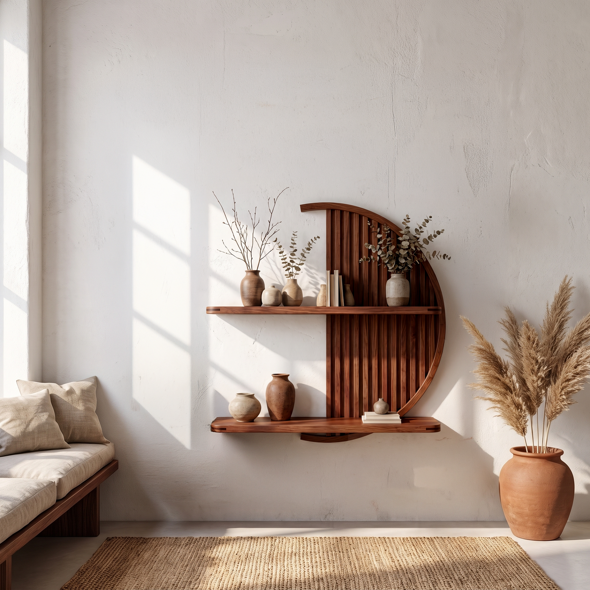 Minimalist Circle Round Floating Shelf Solid Wood For Living Room Wall Art