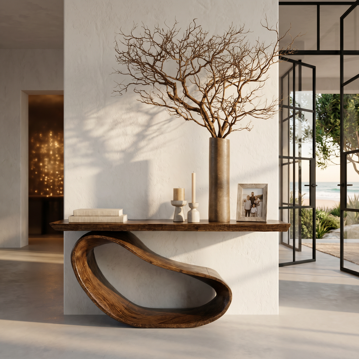 Minimalist Console Table With Sculptural Wood Base For Entryway