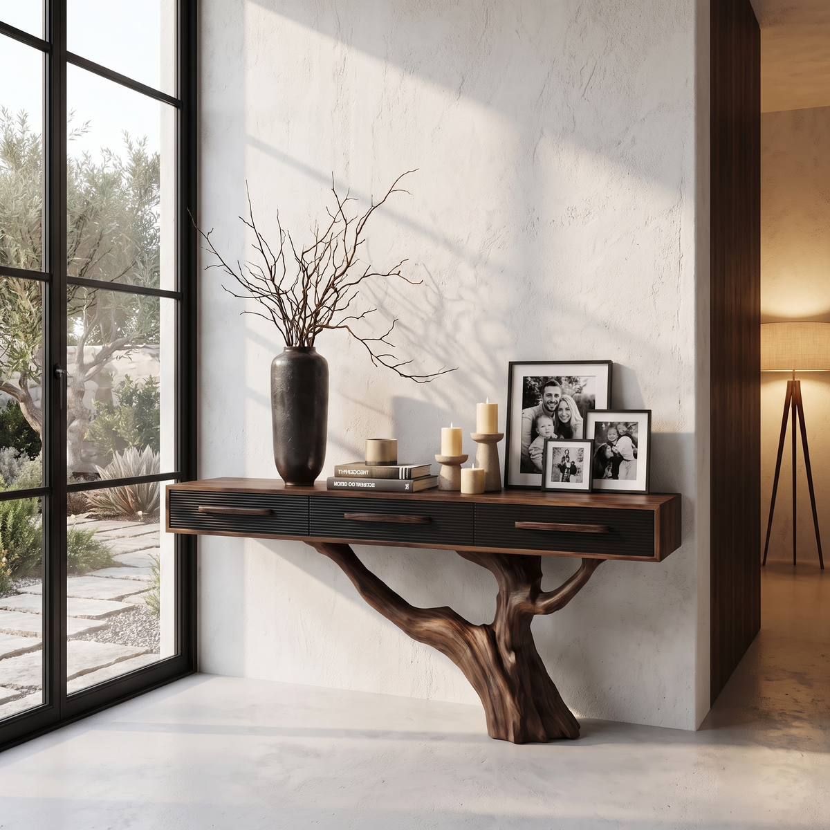 Statement Console Table With Nature Inspired Tree Base For Living Room