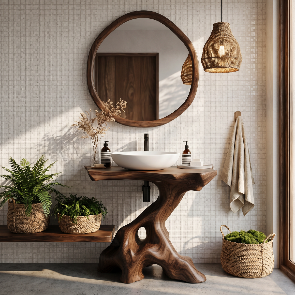 Statement Bathroom Vanity With Nature Inspired Tree Design For Powder Room