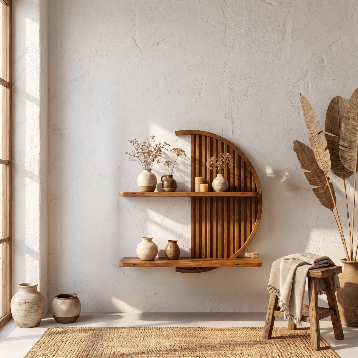 Minimalist Circle Round Floating Shelf Solid Wood For Living Room Wall Art