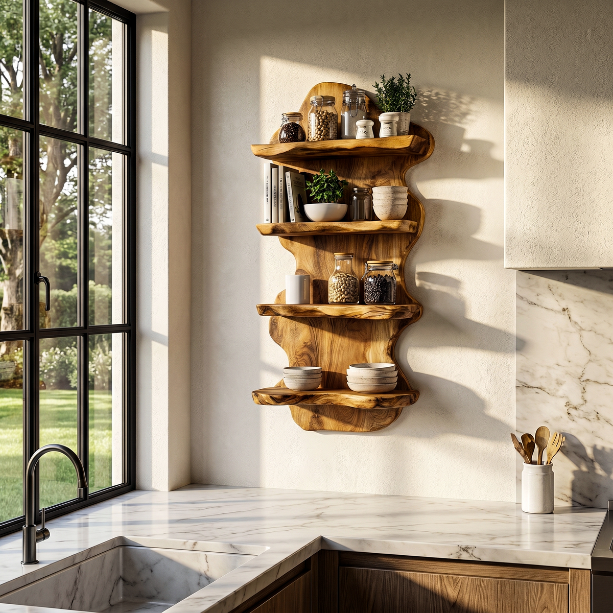 Sculptural Floating Shelf With Organic Wooden Form For Living Room And Kitchen