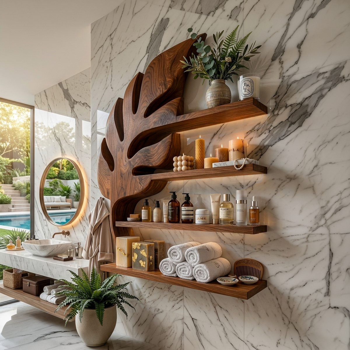 Modern Wooden Leaf Bathroom Shelf For Bathroom Interior