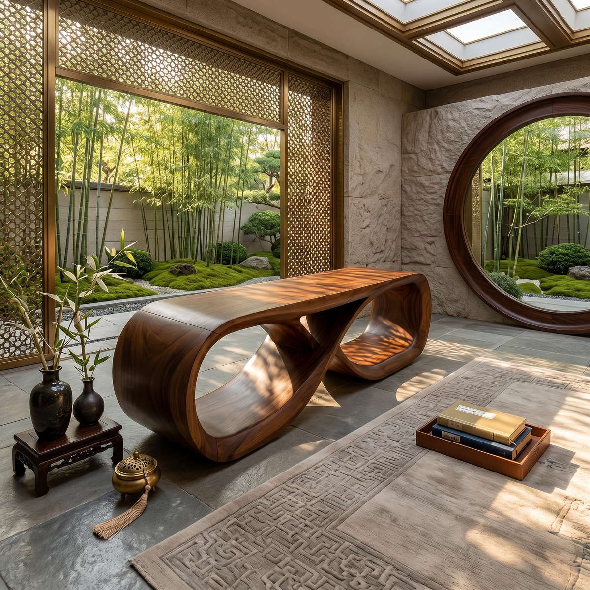 Curved Wooden Bench Contemporary Residence