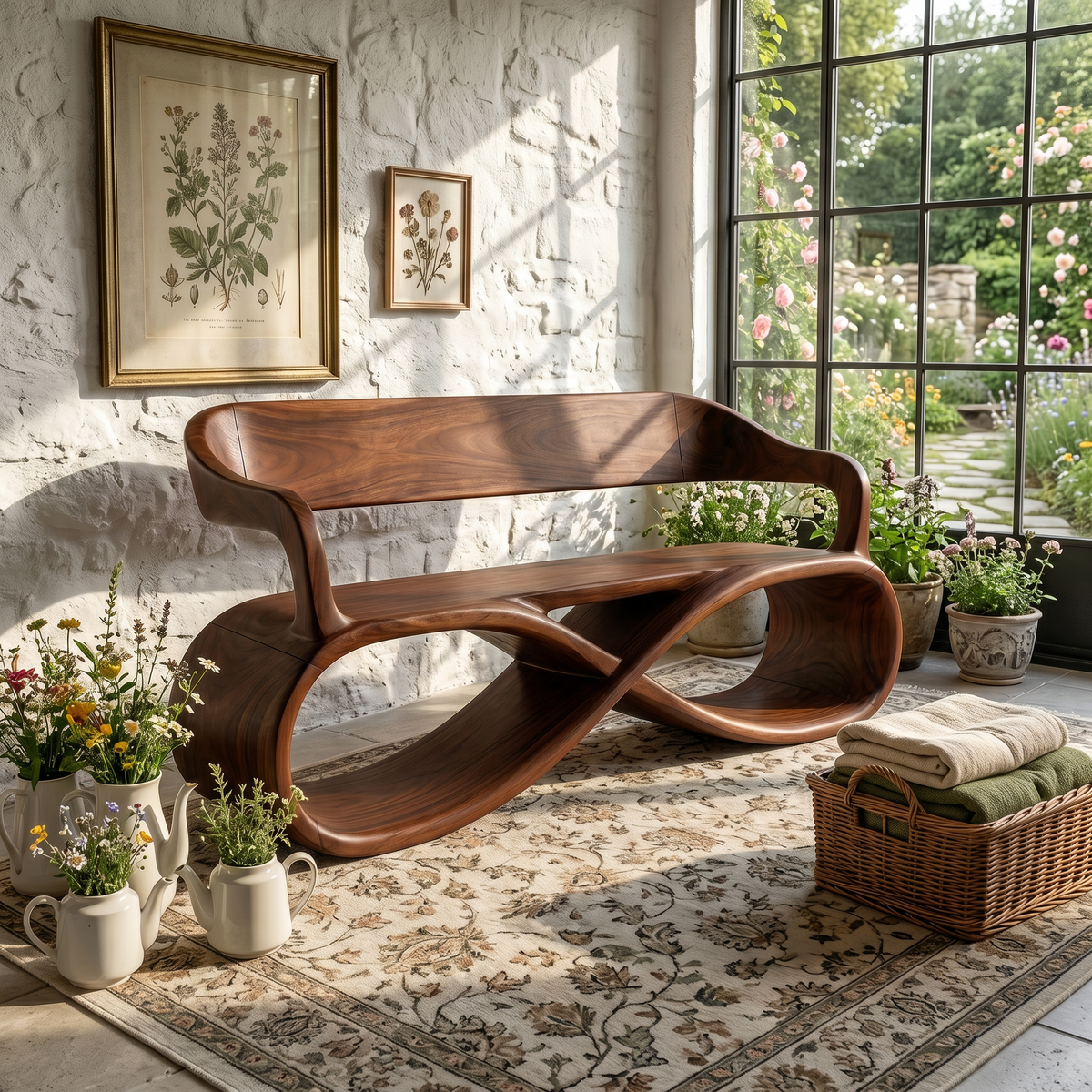 Sculptural Wooden Bench Modern Living Room