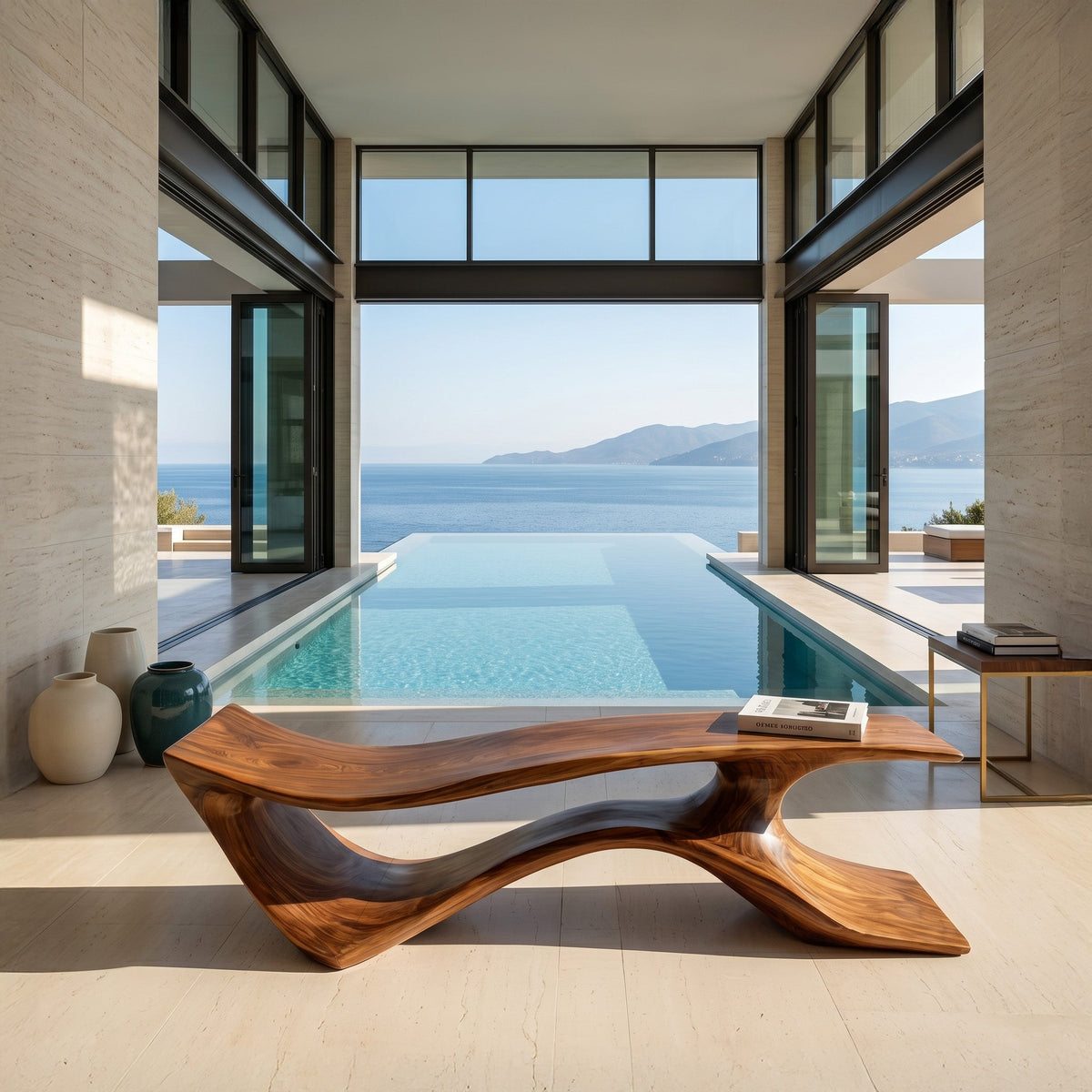 Contemporary Curved Wooden Bench For Corner Living Room