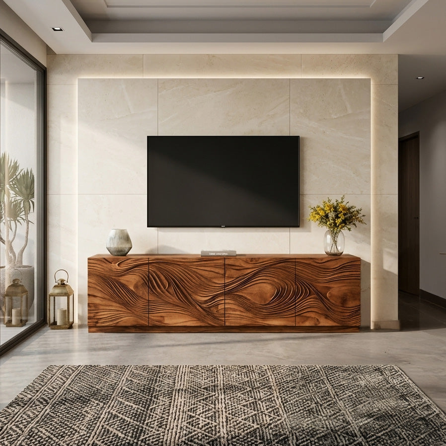 Artistic TV Console With Wave Pattern For Elegant Living Room