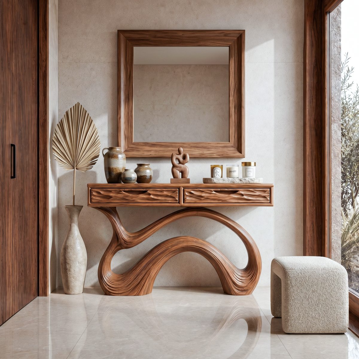 Wooden Console Table With Carved Curved Base For Contemporary Entryway
