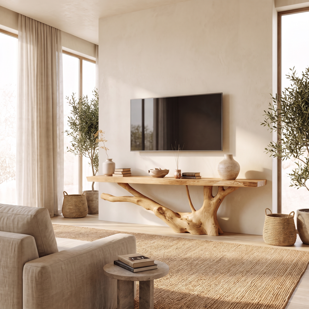 Nature Inspired TV Stand With Handcrafted Tree Root Design For Living Room