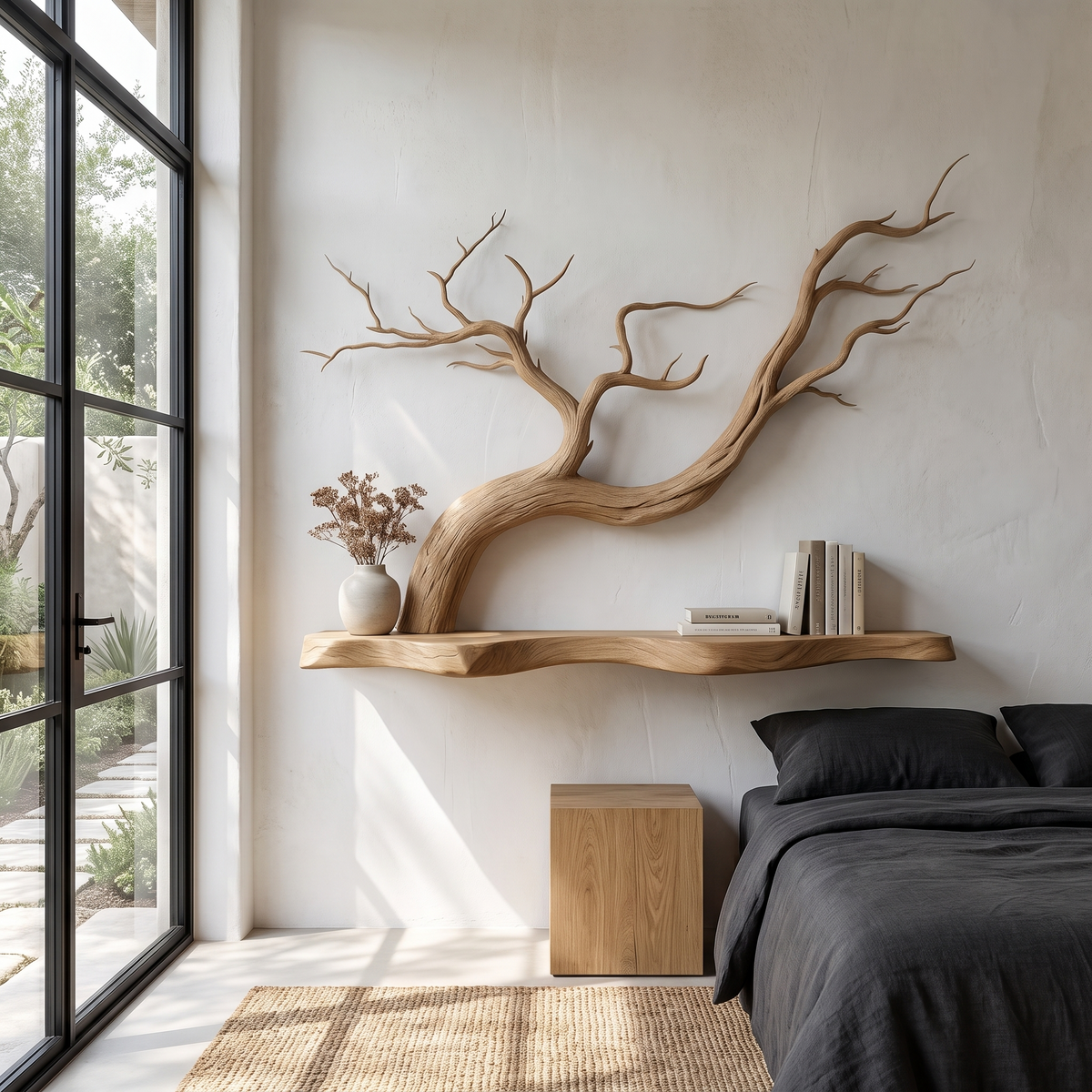 Handcrafted Floating Shelf With Sculptural Tree Branch Form For Living Room