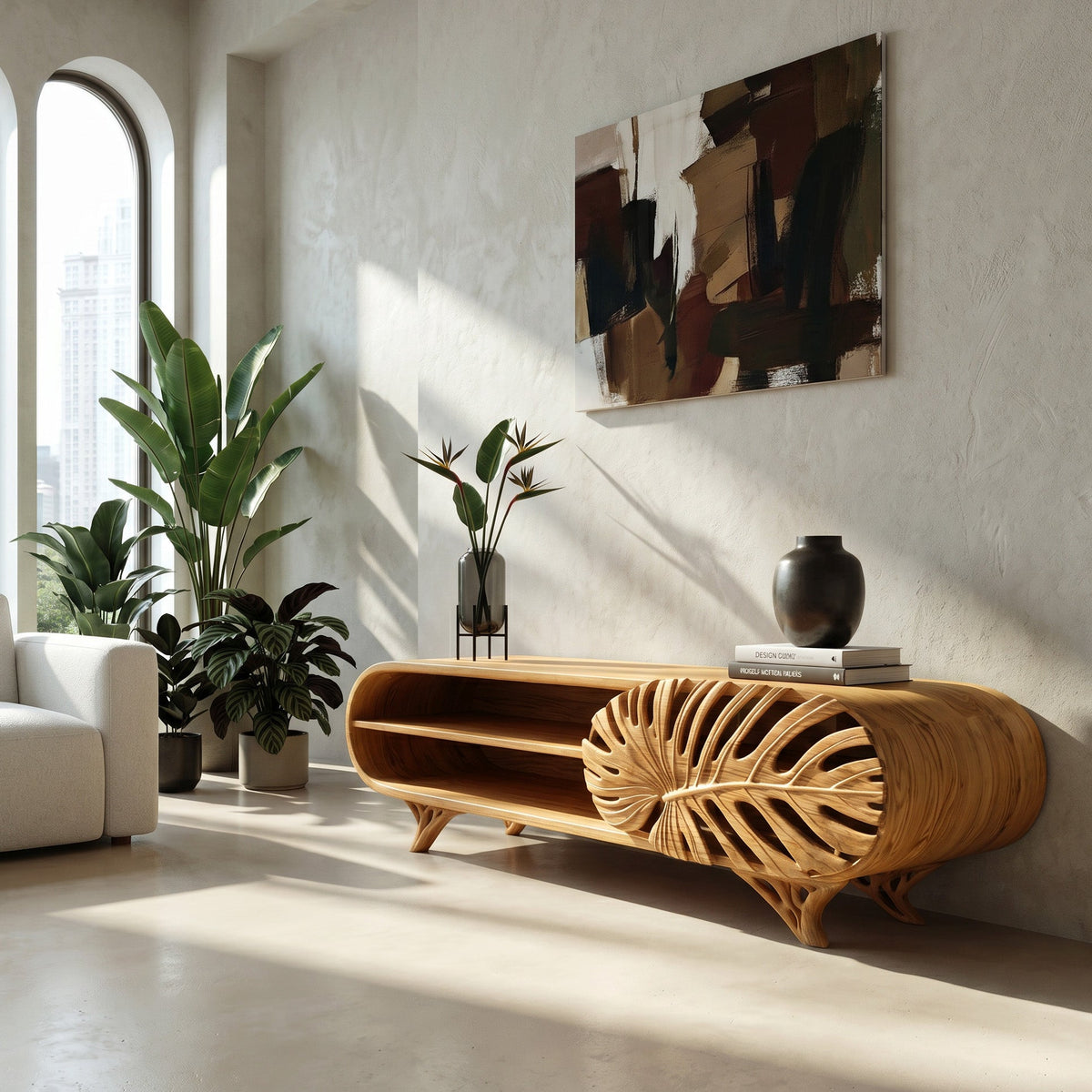 Modern Wooden TV Cabinet With Leaf Shape Door For Living