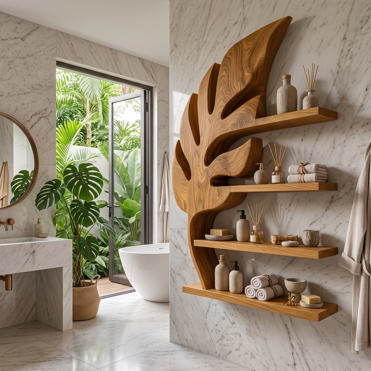 Modern Wooden Leaf Bathroom Shelf For Bathroom Interior