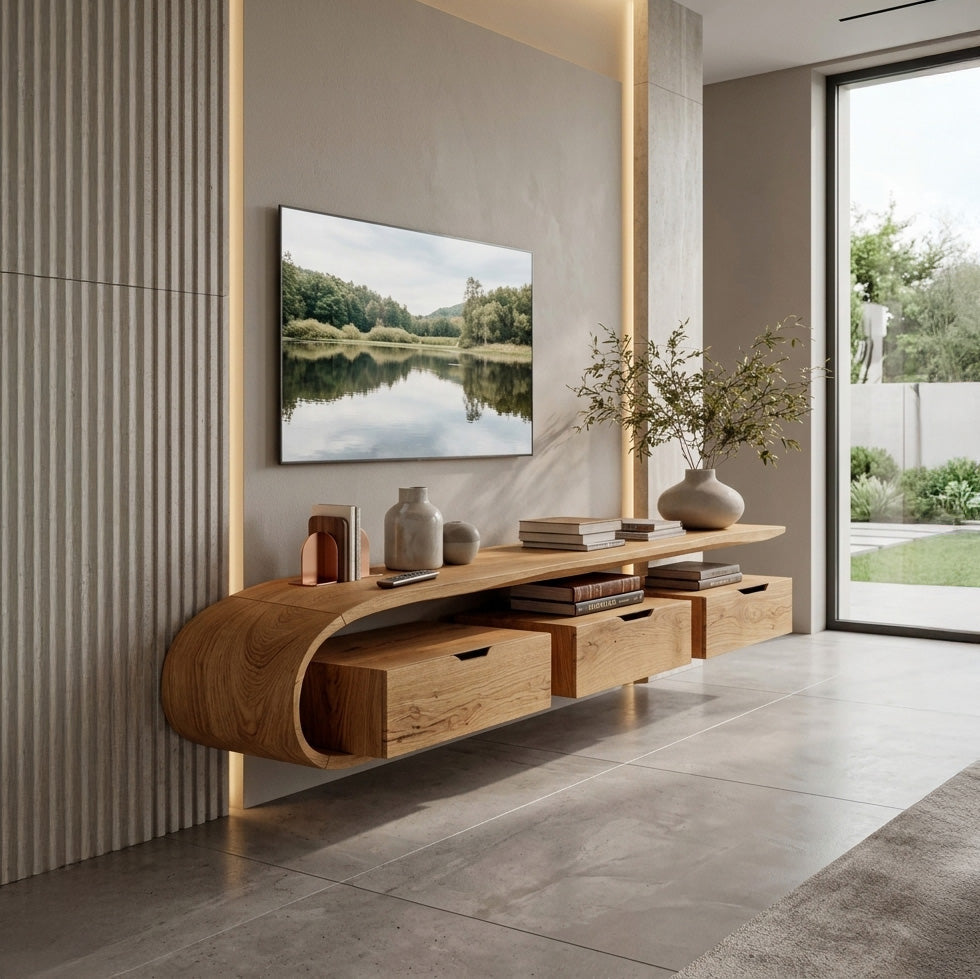 Minimal Curved Floating TV Console With Drawers For Living