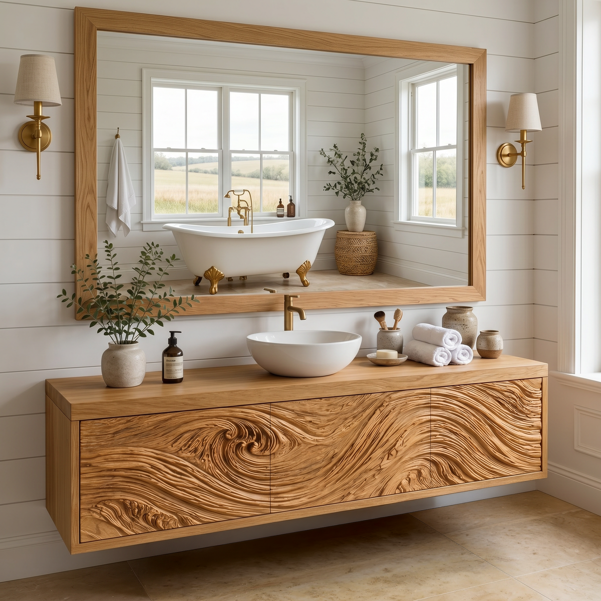 Modern Bathroom Vanity With Exquisitely Carved Front For Spa Bathroom